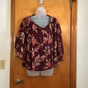 Maroon Floral Long Sleeve Blouse With Tie Strings